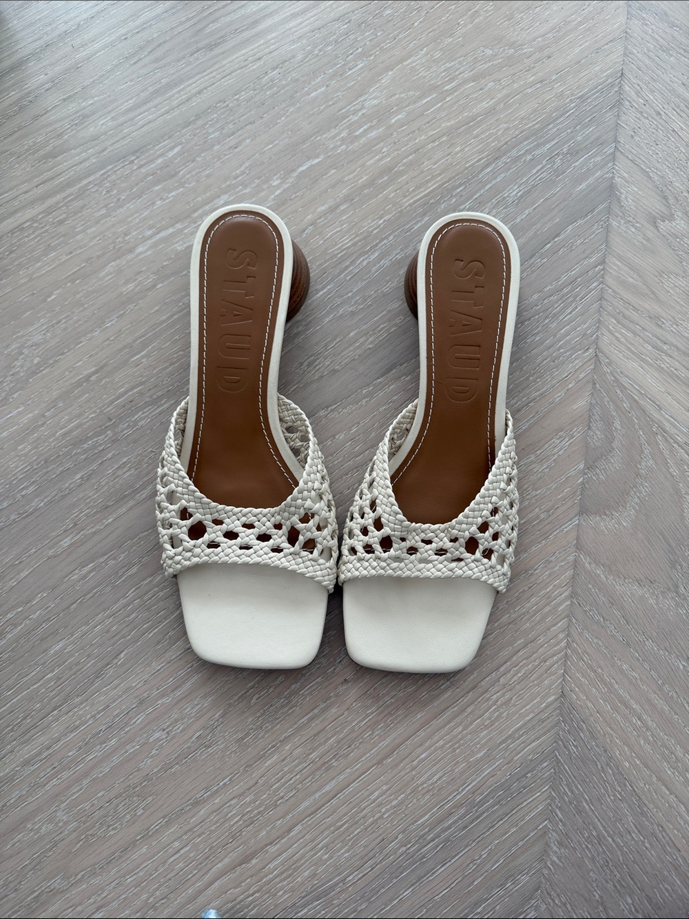 STAUD Cream Woven Leather Slide Mules